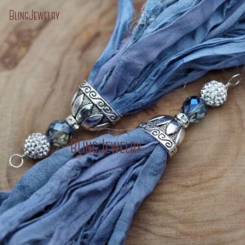 Cerulean Sari Silk Tassel Pendant with AntiqueSilver Cap and Aura Blue Crystal and Rhinestone Accent PM9045
