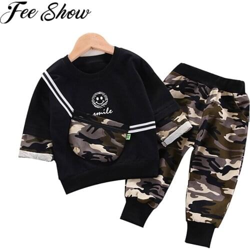 Kids Cotton Camouflage Outfit Sets Long Sleeves Fake-Two Sweatshirt Elastic Waist Jogger Pants Messenger Bag Casual Sports Suit