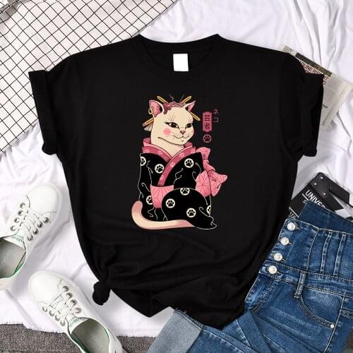 Ukiyoe Japanese Geisha cat printed Womens T Shirts Fashion Soft T-Shirt Cartoon Casual Tee ShirtsHarajuku Loose Womens Tshirt