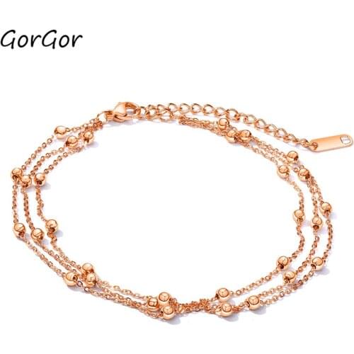 GorGor Women Stainless Steel Chains Anklets Metal Beads Lobster Metal Buckle Simple Bohemia Ladies Fashion Foot Accessories 074