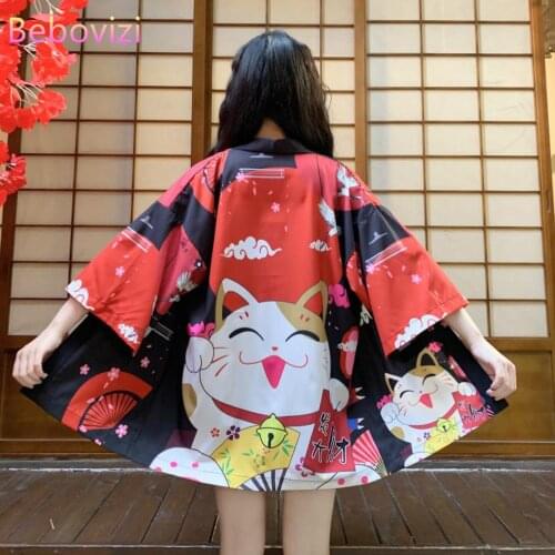 Red Black Lucky Cat Loose Beach Cardigan Asian Fashion Women Harajuku Japanese Kimono Cosplay Style Tops Blouse Yukata Clothing