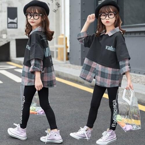 IENENS Kids Girls Clothes Sets Long Sleeve Clothing Suit Child Casual Outfits Plaid Blouse + Skinny Pants Suit Fit 4 to 13 Years