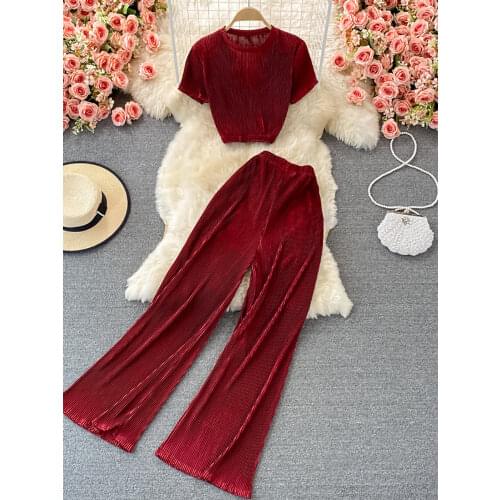 Autumn Women Pleated Two Piece Set Casual Pink/Brown/Red Draped O-Neck Short Tops + Wide Leg Pants Female Elegant Suit 2021 New
