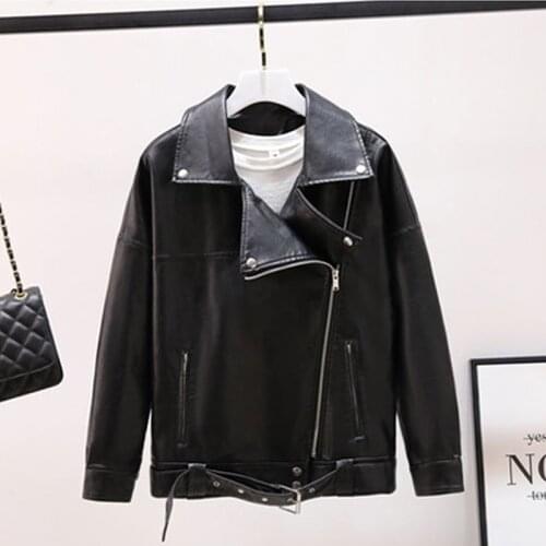 Janveny 2021 New Spring Women Pu Leather Motorcycle Jacket Female With Belt Solid Color Jackets Ladies Loose Casual Jacket