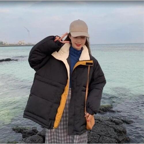 Womens Short Padded Coat 2021 New Zipper Stitching Loose Hong Kong Style Bread Jacket Thick Solid Color Cotton Outerwear