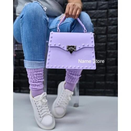 Summer New Womens Bag Candy Color Rivet Jelly Bag Fashion Outdoor Ladies Handbag Shoulder Messenger Bag