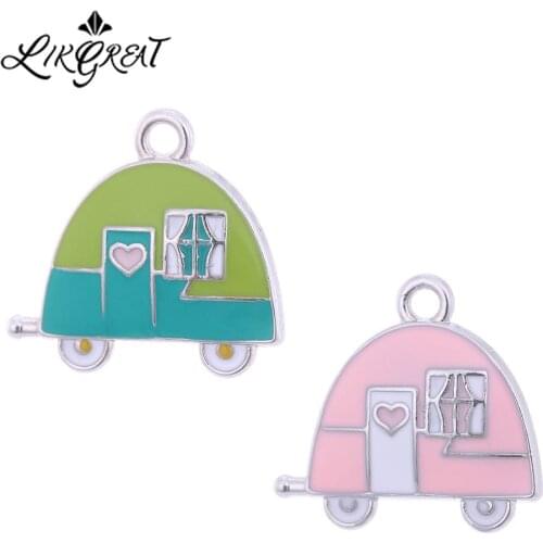 LIKGREAT Pink Green Enamel Camping Trailer Charms for Diy Jewelry Making Gifts for Kids Cute Car Floating Charm Accessories