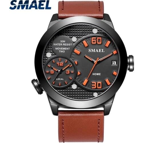 SMAEL Quartz Movement Mens Watch Sports Style Fashionable Double Dial Design LED Luminous Hands Waterproof