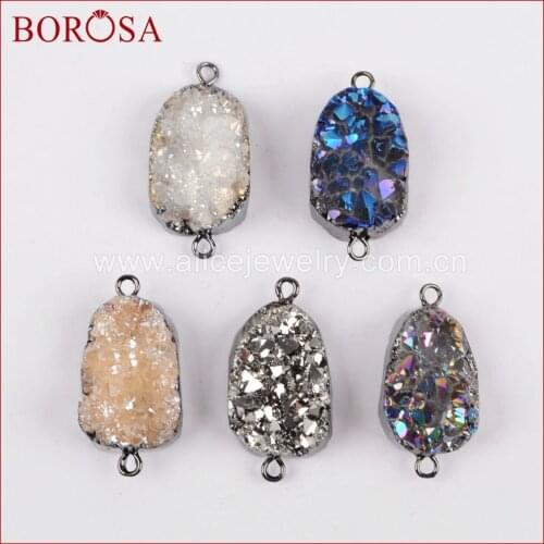 BOROSA 10PCS New Gun Black Color Rainbow Titanium Druzy Connectors Gems Agates Drusy Double Charms for Necklace Jewelry B1036