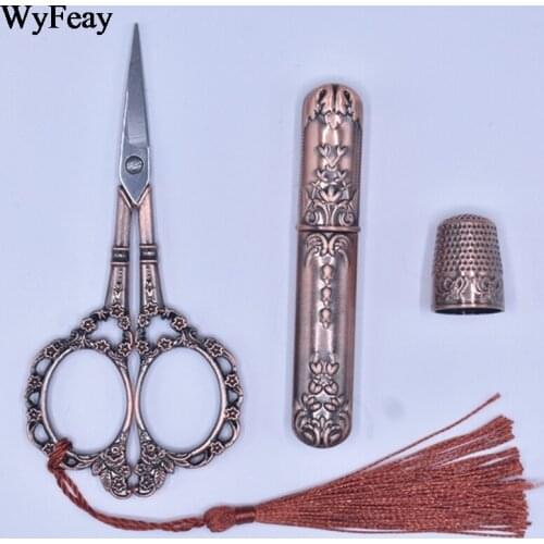 Retro Scissors Set Exquisite Vintage Scissors + Needle Storage Tube + Thimble Embroidery Tailor Scissors Zakka Needlework Sewing