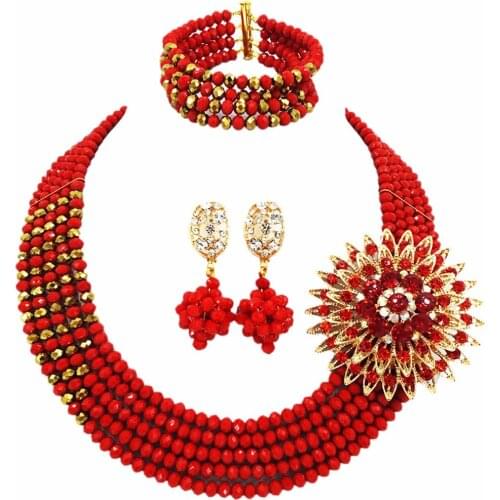 Opaque Red Gold Brown Nigerian Wedding African Beads Jewelry Set Crystal Beaded Necklace Sets Bridal Jewelry Sets 5RJZ11