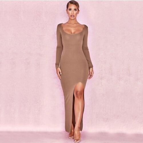 Simple And Chic Solid Long Sleeve Slim Bandage Women Dress Scoop Neck Side Thigh Split Maxi Bodycon Club Dress