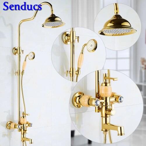 Senducs Gold Jade Stone Bathroom Shower Set Single Lever Jade Stone Bathtub Mixer Faucet Rain Shower Head Gold Bath Shower Set