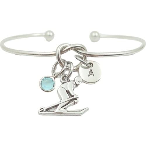 Skiing Sport Creative Initial Letter Monogram Birthstone Adjustable Bracelet Fashion Jewelry Women Gift Pendant