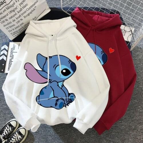 Disney Cartoon Stitch Print Hoodie Womens Winter Daily Street Long Sleeve Hooded Sweatshirt Oversized Harajuku Hoodie