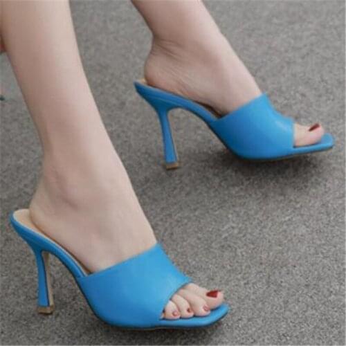 2020 New Summer Women Sandals Square Toe Ladies Heel Mules Sexy Thin High Heels Sandals Slippers Female Fashion Woman Shoes