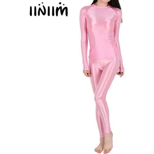 Women Solid Color Glossy Stretchy 2Pcs Yoga Clothing Set Sports Suit Sportwear Outfit Crew Neck Long Sleeve T-shirt with Legging