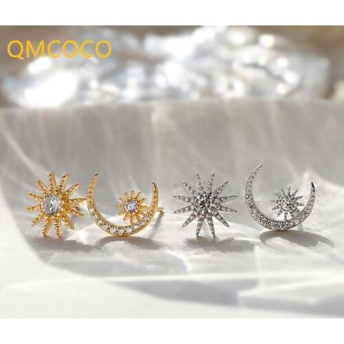 QMCOCO 925 Silver Sparkling Moon And Stars Zircon Stud Earrings For Women Trendy Elegant Wedding Party Jewelry Gifts