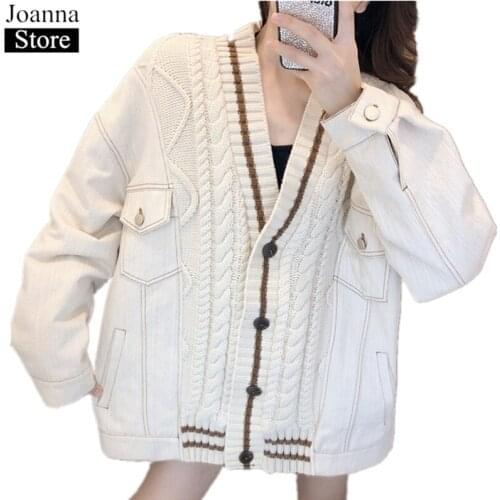 Spring Denim Splice Short Knitted Sweater Jackets Women V-Neck Long Sleeve Single-Breasted Vintage Coats White Plus Size Clothes