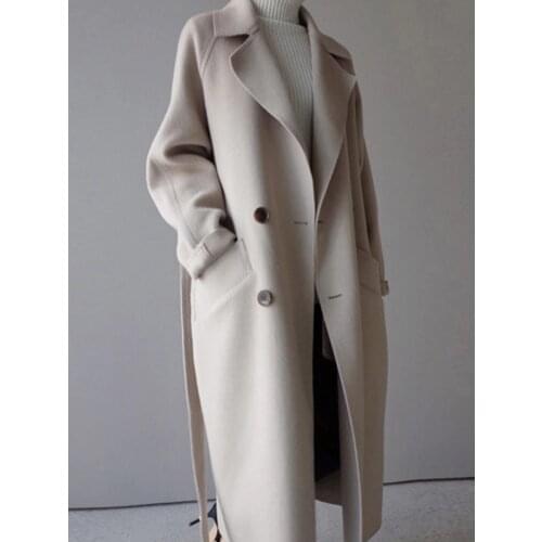 Winter Coat Women Wide Lapel Belt Pocket Wool Blend Coat Oversize Long Trench Coat Outwear Wool Coat Women