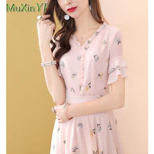 Midi-Length Pink Floral Chiffon Dress Women 2021 Graceful Joker Ruffle Sleeve Slim Dresses Lady Sweet V-Neck Beach Date Clothing
