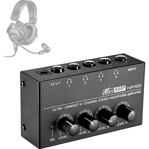 4 Channels Headphone Amplifier Ultra-compact HA400 Mini Audio Stereo With Power Adapter Black DIY