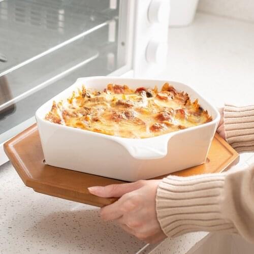 White Ceramic Baking Bowls with Wood Tray Plates Dishes Kitchen Pan for Cooking Cake Tableware Dishware Bakeware with Handle