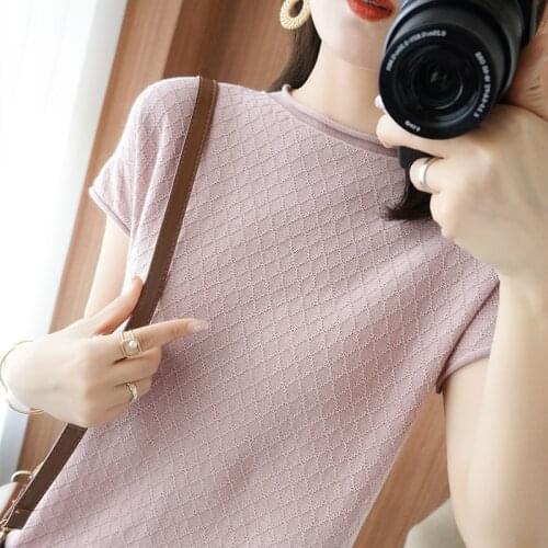 Pure cotton T-shirt summer casual knitted sweater short-sleeved womens round neck pullover plus size top solid color T-shirt