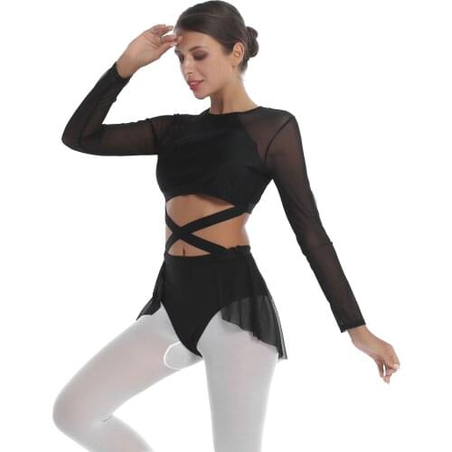 Women Adults Gymnastics Leotard Contemporary Ballet Tulle Dance Leotards Dress Hollow Out X Waist Figure Skating Dress Costume
