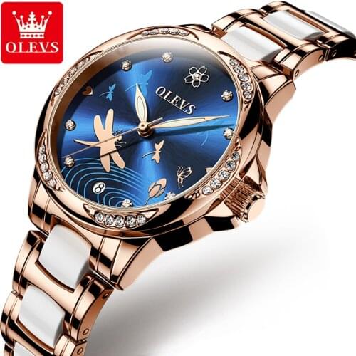 HommesAutomatic Mechanical OLEVS Butterfly Women Watch Fashion Ceramic Dress Diamond Simple Waterproof Luminous Ladie Wristwatch
