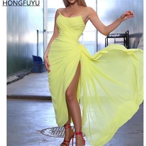 HONGFUYU Sexy Chiffon Beach Prom Party Dresses Strapless Pleats Side Slit A Line Formal Evening Gowns Ankle Length فساتين السهرة