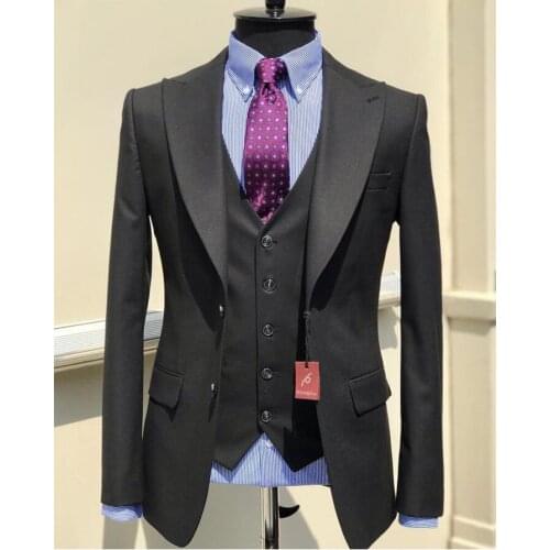 Tailored Made Business Black Men Suits Slim Fit Costume Homme Wedding Groom 3 Pcs Terno Masculino Prom Blazers Jacket+Pant+Vest