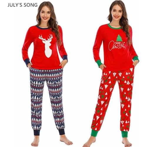 JULYS SONG Christmas Pajama 2 Pieces Set Women Red Color Casual Loose Christmas Tree Print Stripe Xmas Sleepwear S-XXL