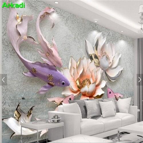 Chinese embossed lotus fish retro photo mural sofa TV background mural landscape wall decoration wallpaper any size