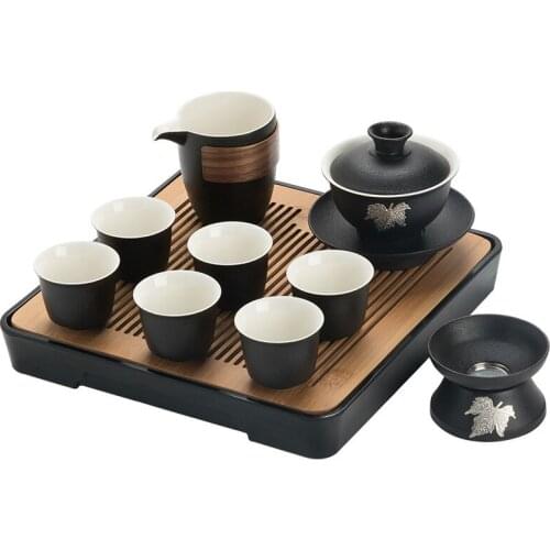 Chinese Kung Fu Tea Set Household Japanese Style Simple Ceramic Black Pottery Office Tea Brewing Tea Cup Teapot Cover Bowl Set