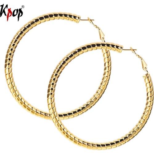 Kpop Round Hoop Earrings Wedding Party Jewelry Stainless Steel Gold/Black Color Large Circle Earrings for Women 70mm E3355