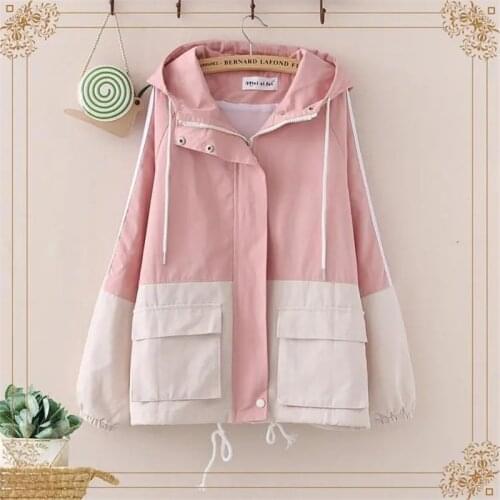 Womens Casual Hooded Jackets Spring Autumn Fashion Splice Coats Student Casual Loose Frock Wild Windbreakers Tops Hooded Jackets