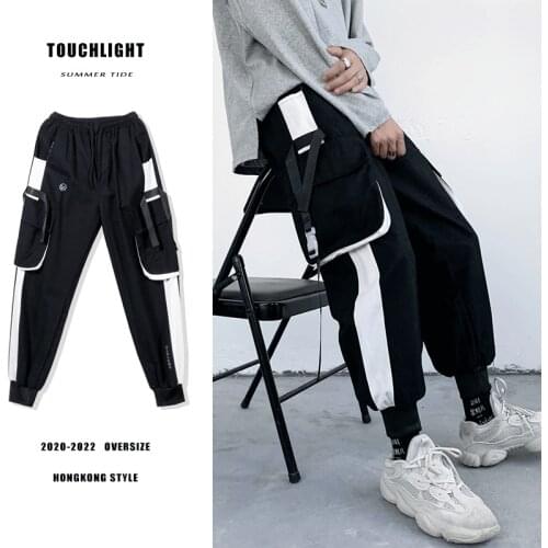 Summer Cargo Pants Mens Ribbon Beam Feet Korean Version Fashion Loose Street Hip-hop Harem Pants Bib Overall Joggers Sweatpants