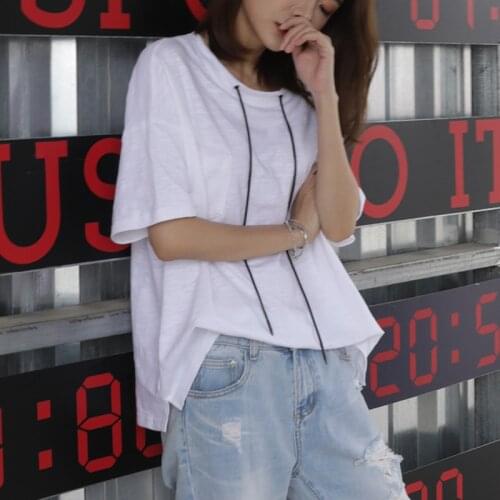 2020 Summer new bamboo cotton short-sleeved Korean T-shirt womens loose split drawstring base shirt pocket top fashion 0912