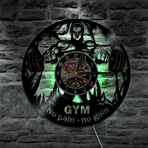 GYM No Pain No Gain Wall Clock LED Night Light Weightlifting Fitness Sport Wall Watch LED Hanging Lamp Decor