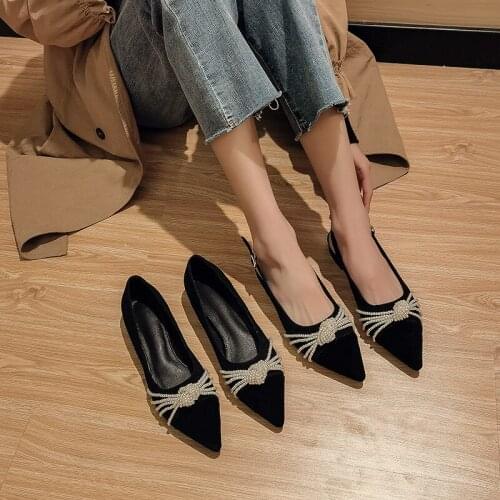 2021 Spring and Summer New Black Suede Pearl Single Shoes Womens Pointed Toe Low-heel Fashion Womens Shoes