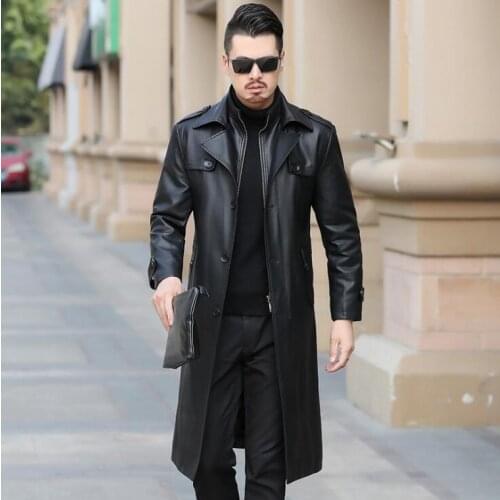 Single-breasted leather coats men long coat mens leather trench coats thicken Plus velvet black autumn winter fashion M - 4XL