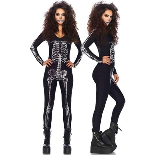 Skeleton Cosplay Costume Adult Halloween Women Rompers Skin-tight Scary Skull Jumpsuit Carnival Party Sexy Black Bodysuits