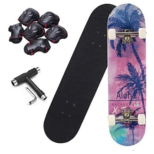 Skateboard 31"X8", 7-Layer Imported Maple Skateboard Double Rocker Type ABEC-7 Bearings, with Protective Gear and T Tools