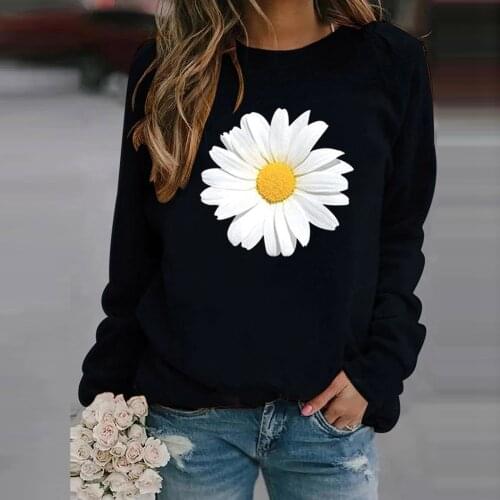 #Q4 Winter Women Sweetshirts Casual Long Sleeve Tops Ladies Daisy Print Casual Sweatshirt Hoodie Vintage Cotton Warm Top Moletom