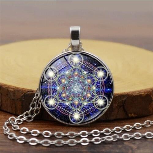 Mysterious Metatron Cube Necklace Sacred Geometry Flower of Life Glass Pendant Necklace Magic Hexagram Choker Jewelry for Unisex