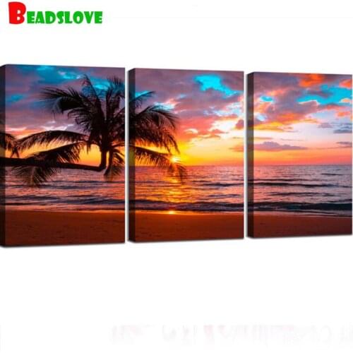 Sunset Beach Coconut tree diamond Embroidery 3 piece Diamond Painting full square round diamond mosaic Triptych landscape