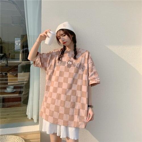 Female Korean Harajuku Retro Check Letter Print Loose Tshirt Womens T-shirts Tops Japanese Kawaii Ulzzang Clothes For Women
