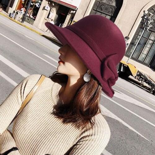 Vintage Wool Felt Fedora Hat Winter Spring Women Cap Female Solid Bow Dome Bucket Hat