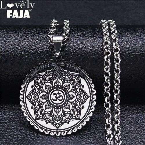 Stainless Steel Yoga Lotus Flower of Life Chain Necklaces Women Silver Color Statement Nnecklace Jewelry collier croix N3651S02